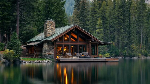 lakeside cabin with cedar siding, stone chimney, wide overhangs, and floor-to-ceiling windows reflecting calm water and surrounding pine forest,