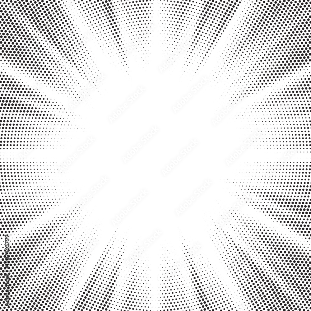 Fototapete Halftone gradient sun rays pattern. Abstract halftone vector dots background. monochrome dots pattern. Vector background in comic book style with sunburst rays and halftone. Retro pop art design.