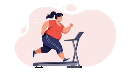 Overweight woman running on treadmill indoor exercise for weight loss and fitness workout vector illustration 