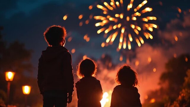 Silhouetted children watching fireworks at night