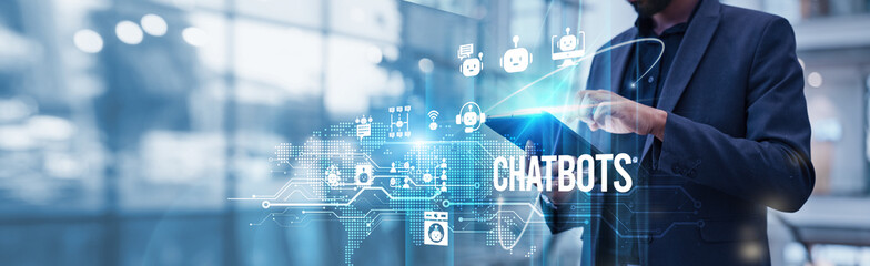 Businessman using tablet analyzing chatbots and AI-driven market growth trends, natural language processing advancements, personalized customer engagement, and multi-channel integration strategies.
