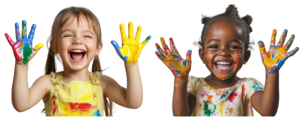 PNG Joyful children with colorful hands, element set on transparent background
