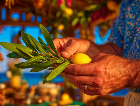 Jewish ritual observance of sukkot: hands carefully holding the traditional lulav and etrog for a blessing, with the decorated interior of a sukkah softly blurred behind.