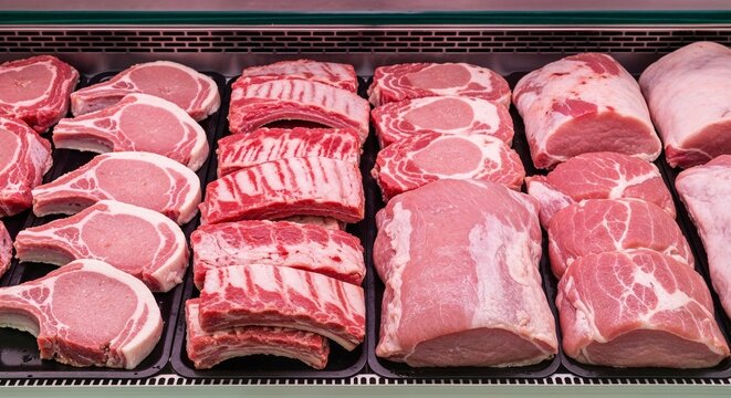 Various cuts of raw meat displayed in butcher case for selection  