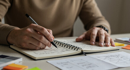 Man writing in notebook while working at desk with sticky notes  