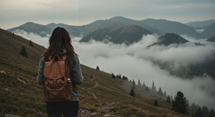 Young woman hiking on mountain trail with cloudy scenery  