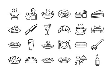 Restaurant and Food Icon Set – Outline Style Vector Collection Featuring Dishes, Drinks, Kitchen Tools, Chef, Waiter, and Dining Symbols for Menu, Catering, and Culinary Designs Vector Illustration.