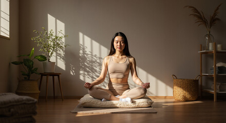 Young woman meditating on mat in tranquil indoor environment  