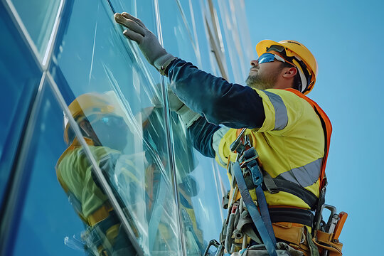 Window Cleaner in Safety Gear Working on a High-Rise Building