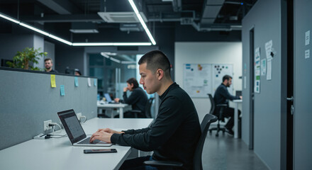 Young man working on laptop in modern office during the day  