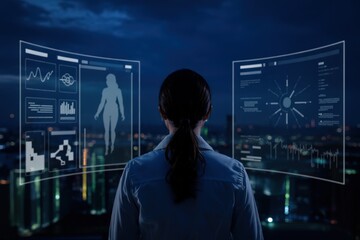 Woman analyzes data on futuristic transparent screens at night.