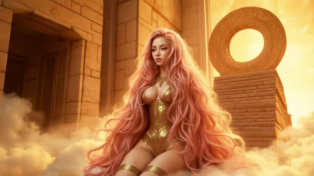 A sexy young Egyptian concubine with pink hair in an Egyptian temple of antiquities.