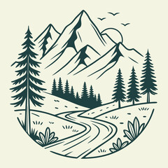 Fototapeta premium Flat icon of mountains and pine trees in a scenic outdoor natural setting