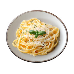 A plate of fettuccine alfredo topped with cheese and basil on a gray plate against black background