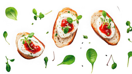 Naklejka premium Crostini, cream cheese, tomato, spinach, appetizer, fresh snack