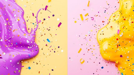 Colorful paint splatter with confetti on a pastel background.