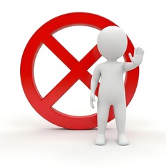 3D Person Standing in Front of Red X Sign with Raised Hand