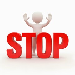 3D Character with Raised Hands Behind STOP Text
