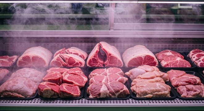 Raw meat selection displayed in butcher case with steam effects  
