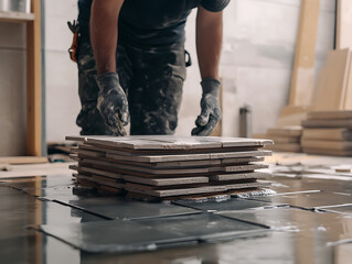 Construction Worker Preparing Tiles for Installation