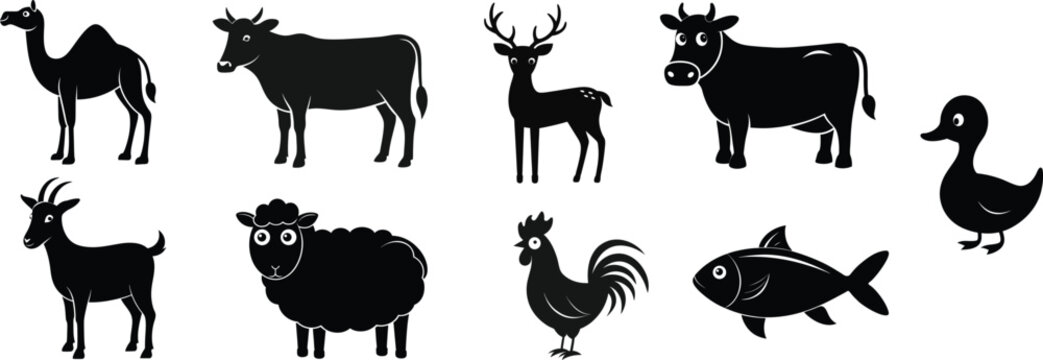 Silhouette of Halal Animals. Set vector designs. camel cattle cow goat duck fish rooster deer and sheep