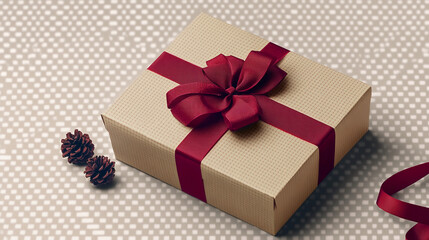 Elegant Gift Box with Burgundy Ribbon and Pine Cones on Neutral Background