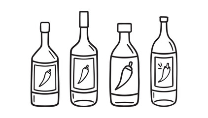 Hot pepper sauce bottle doodle hand drawn icon set. Outline drawing line clipart symbol collection