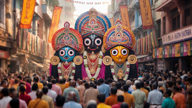 Rathyatra car festival in Puri, Orissa, India.Indian festival Rath Yatra means Chariot Festival. with text subh rath yatra means happy rath yatra, peoples are celebrating the festival.