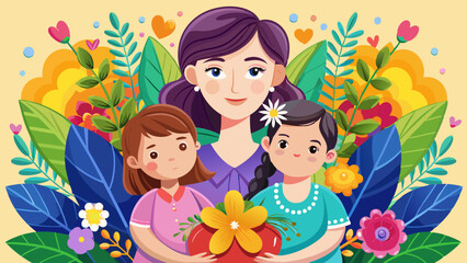 Mother with two daughters holding a flower gift surrounded by vibrant plants, blossoms, and hearts in a joyful Mother's Day scene