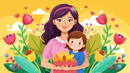 Smiling mother holding daughter and gift surrounded by flowers, hearts, and nature in a bright Mother's Day scene