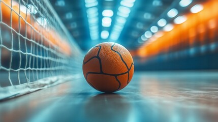 Obraz premium Orange ball near net in sports hall