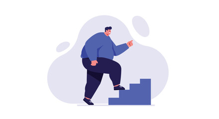 Man in blue shirt climbing stairs symbolizing progress and motivation in vector illustration 