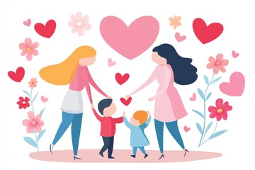 Fototapeta premium Colorful illustration of two women holding hands with children surrounded by hearts and flowers, symbolizing love, family, and togetherness in a cheerful and vibrant setting
