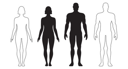 human body man and woman silhouette, male and female figure. vector monochrome isolated person outline standing full height. Outline and black people anatomy representation
