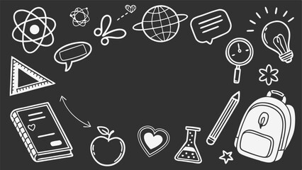 A chalkboard-style illustration features a collection of education-themed doodles, including a globe, book, apple, heart, beaker, pencil, ruler, atomic symbols, lightbulb, and backpack.