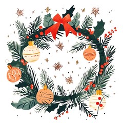 A christmas wreath with ornaments and greenery.