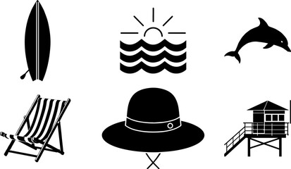 Fototapeta premium Various beach themed icons in black and white style vector, silhouette, illustration, horizontal, isolated assets, on transparent background