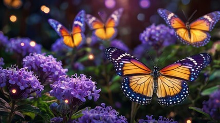 Naklejka premium Monarch butterfly with orange and black wings feeding on a purple flower in a summer garden