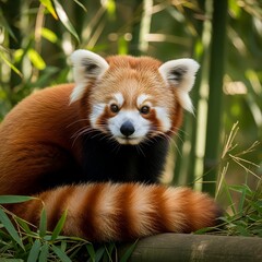 Cute Red Panda Sitting on a Bamboo Branch in Forest