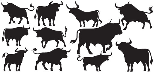 Set of silhouettes of different bull poses. Farm animal. cow silhouette Vector set. cattle silhouettes,