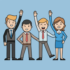 Business team celebrating success or achievement with upbeat expressions and raised arms together