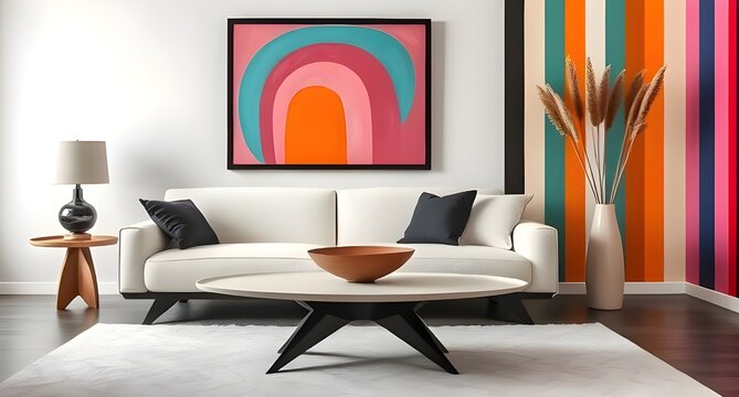 Minimalist, japandi home interior design of modern living room. Creative, colorful interior with curved white sofa near unique multicolored stripes wall, vibrant abstract art and artistic decor. - Powered by Adobe