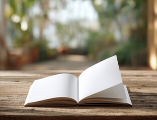Open Blank Book on Rustic Wooden Table Outdoors in a Green Park Setting