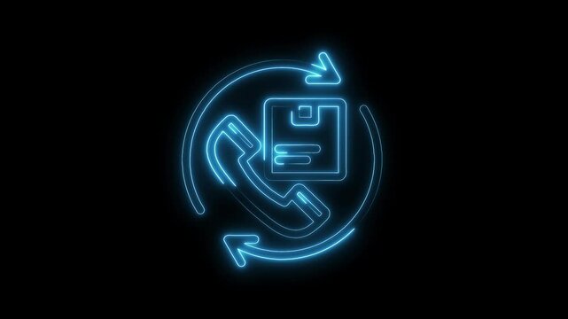 Neon online order support with return shipping process on black background animation
