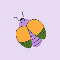 Colorful insect with orange, green wings and purple body. Bug shows beetle, firefly, ladybug, cicada or leaf insect for kids and education. Vector flat illustration isolated on light background