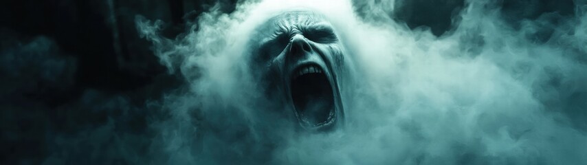 Screaming Ghost Face Emerging from Eerie Fog