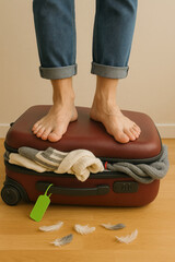 Person Standing Barefoot on Overpacked Suitcase with Clothes Sticking Out. Traveler Trying to Close Full Luggage by Standing on Top of It