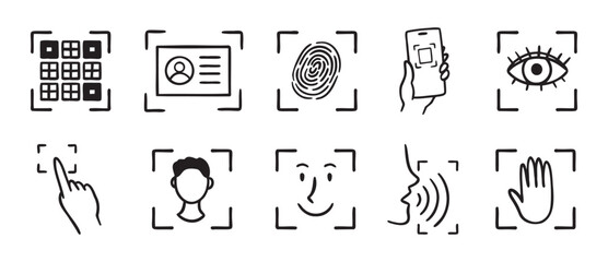 biometric scanning icon set. Identification individual by eye, fingerprint, or pass doodle hand drawn icon. Outline drawing ID verification line clipart symbol