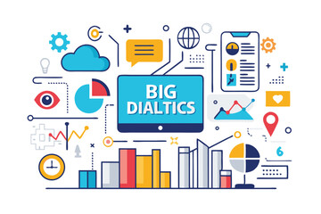 Colorful flat design illustration of big dialtics surrounded by business and financial visualizations.