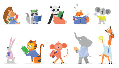 Animals read, study vector illustration set. Cartoon flat smart animal kid studying, forest or zoo character reading textbook or story book, cute squirrel giraffe elephant in school isolated on white